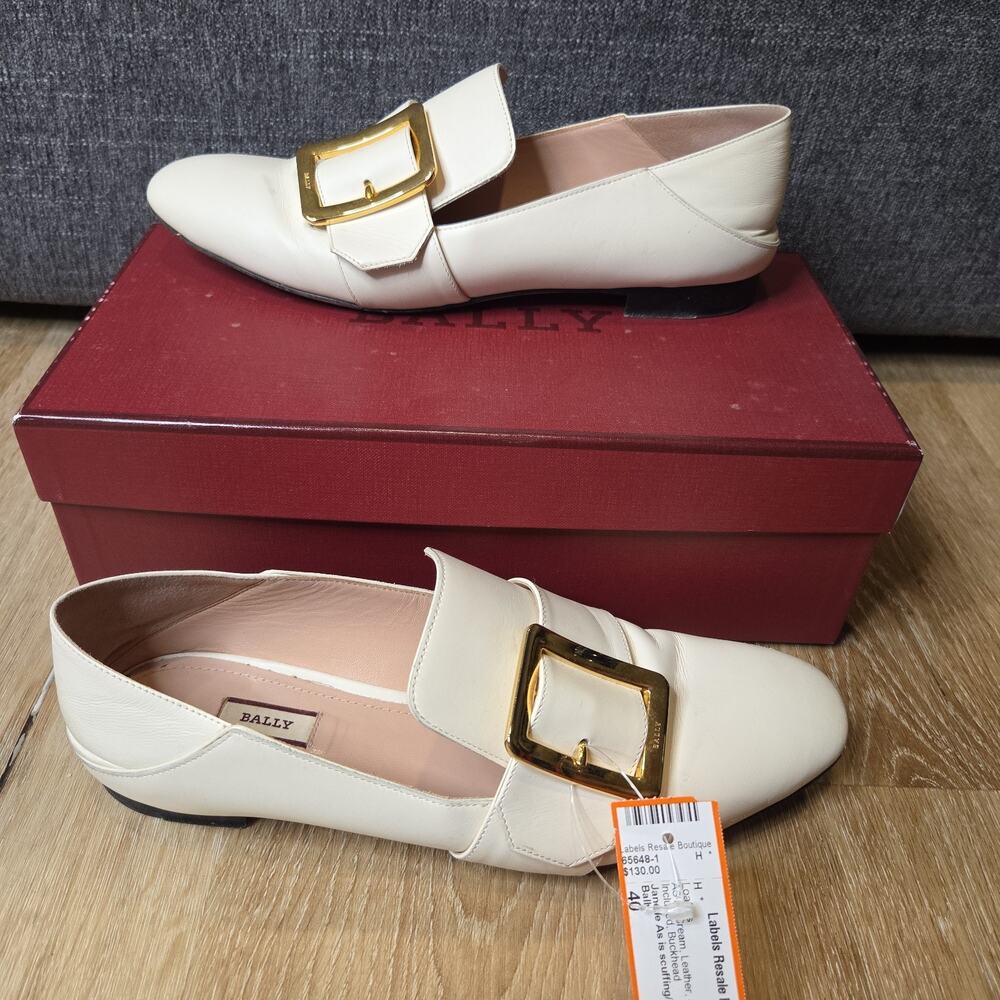 BALLY Janelle Ivory Leather Gold Buckle Loafer Mules Flat Shoes EU 40/US 9